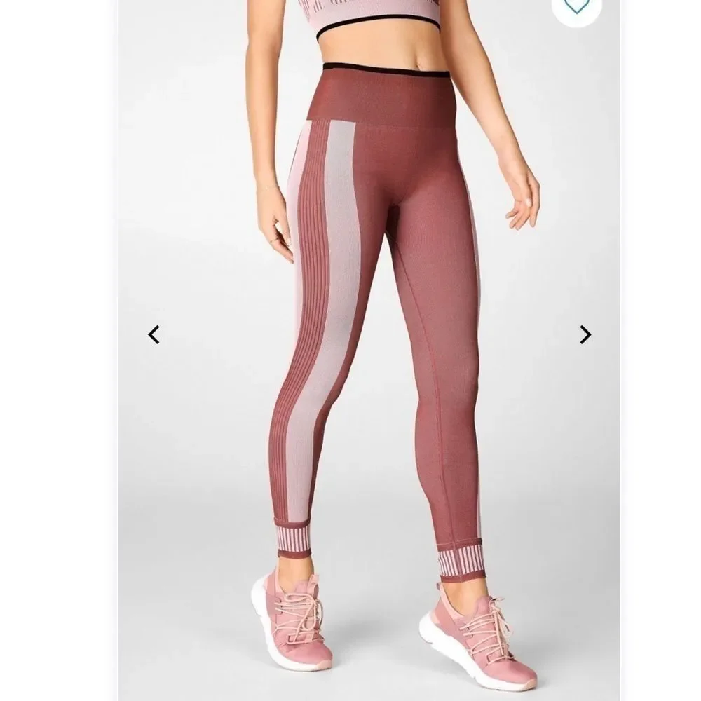 NWT! Fabletics High-Waisted Pink Seamless Ribbed Workout Exercise Leggings - Picture 6 of 7